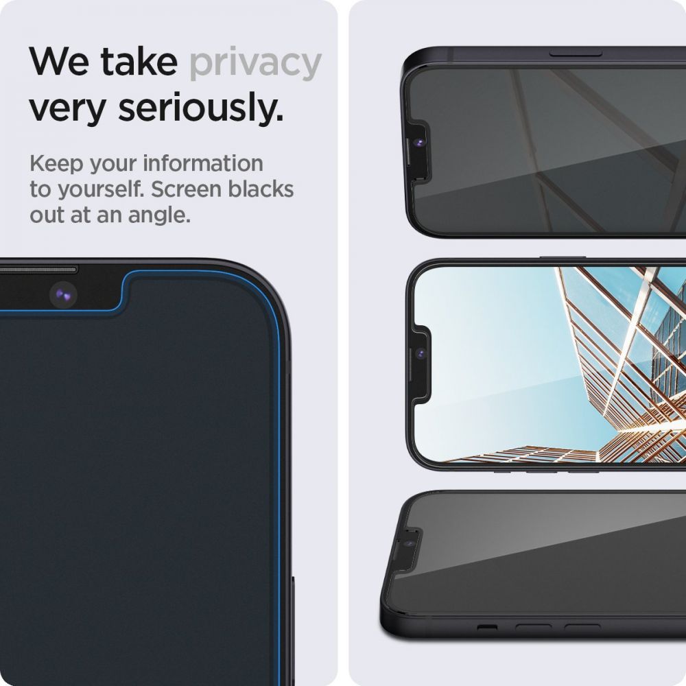 Privacy-skärmskydd Spigen GlastR EZ FIT för Apple iPhone 17e / 16e / 14 / 13 Pro, Härdat glas, Full lim, Set med 2 stycken AGL03388