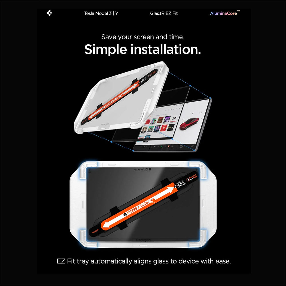 Spigen GlastR EZ FIT skyddsfilm för Tesla Y (2026 / 2025) / 3 (2026 / 2025 / 2024) navigationsskärm, härdat glas AGL10654