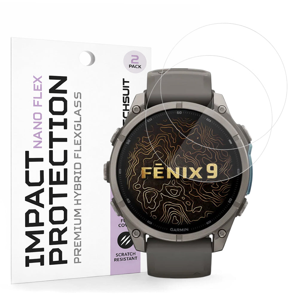 Techsuit Nano Flex skyddsfilm för Garmin Fenix 9 Pro 43mm / Fenix 9 43mm, Set om 2 stycken, Plast, Svart