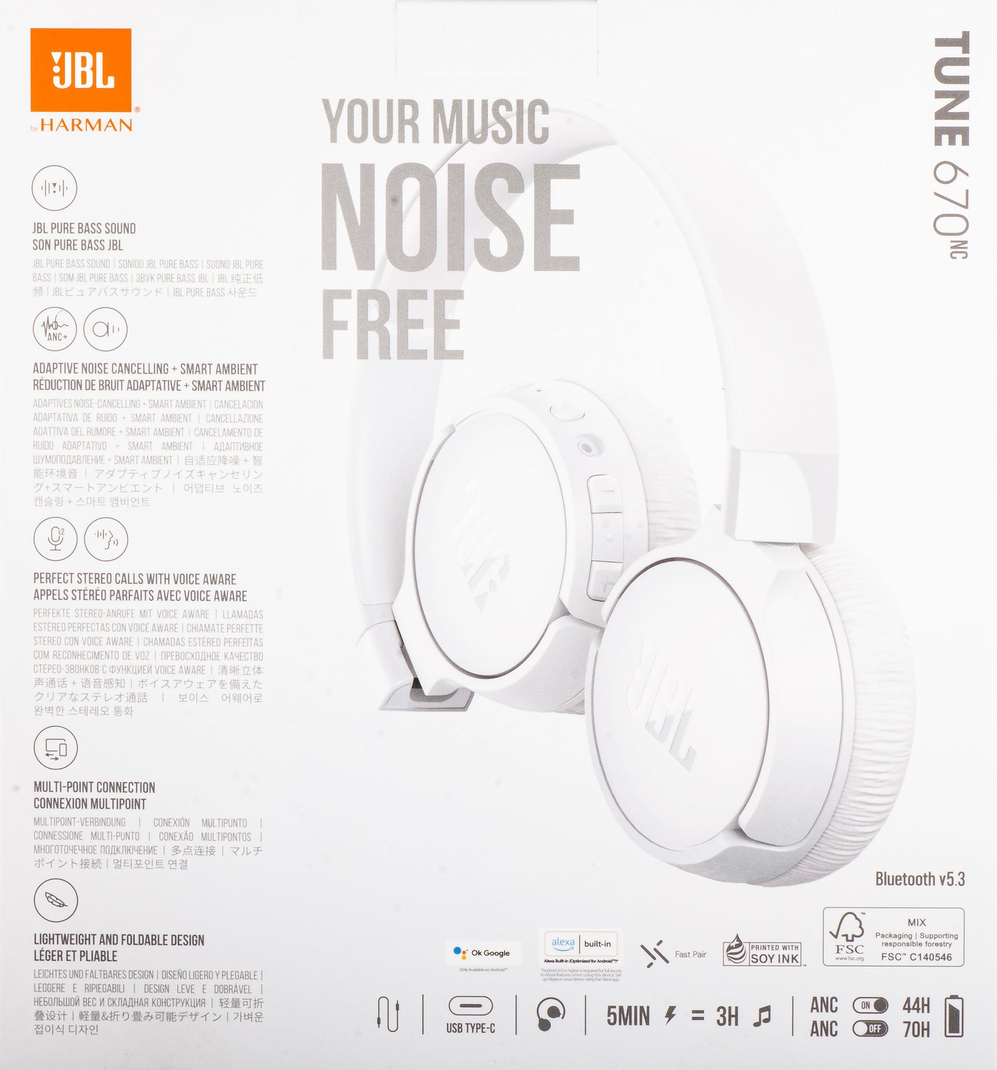 Handsfree Bluetooth JBL Tune 670NC, MultiPoint, A2DP, ANC, Vit JBLT670NCWHTAP