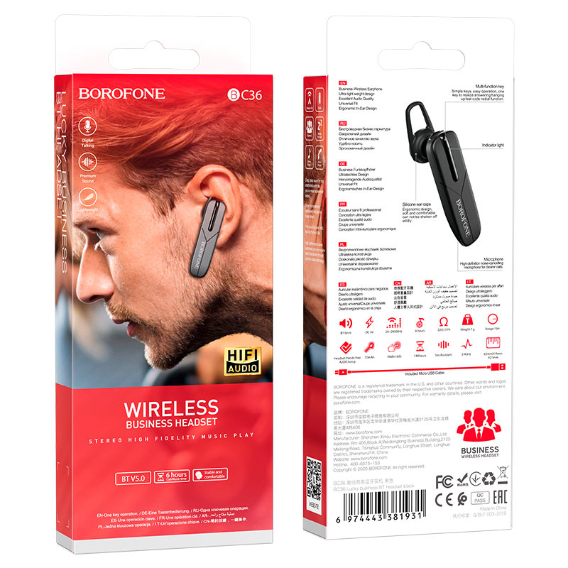 Handsfree Bluetooth-headset BC36 Lucky, A2DP, svart