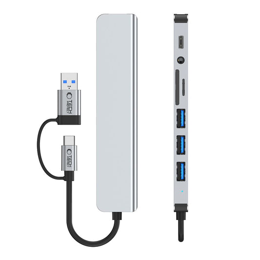 Hub USB / USB-C Tech-Protect HB06, 2 x USB-A 3.0 - 2 x USB-A - 1 x USB-C - 1 x Jack 3.5mm - 1 x SD - 1 x microSD, Grå