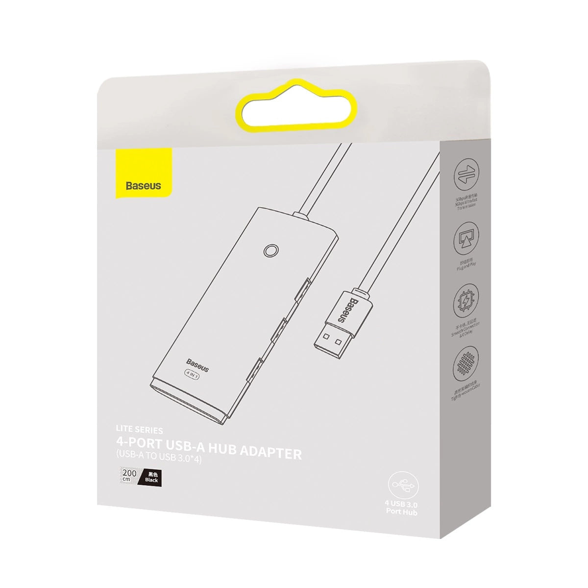 Hub USB Baseus Lite, 4 x USB-A 3.0 - 1 x USB-C, 2m, Svart WKQX030201