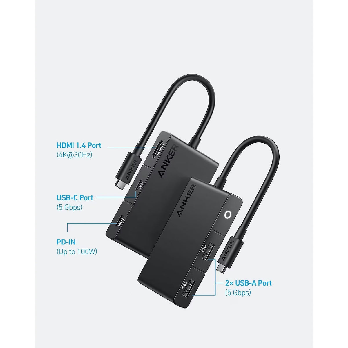 USB-C-hubb Anker 332, 2 x USB-A - 2 x USB-C - 1 x HDMI, Svart A8356G11