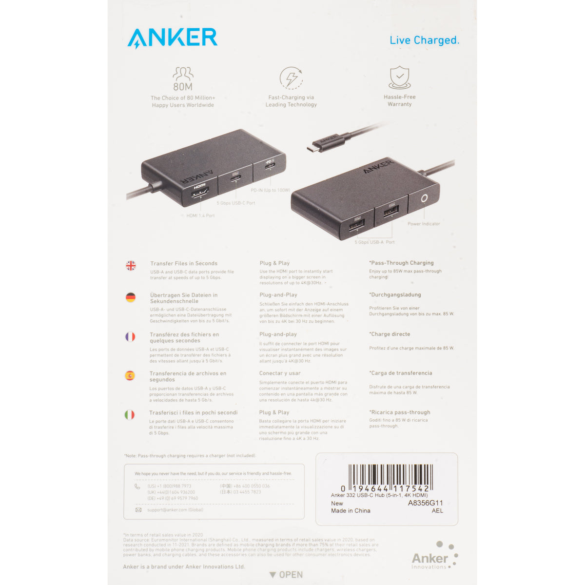 USB-C-hubb Anker 332, 2 x USB-A - 2 x USB-C - 1 x HDMI, Svart A8356G11