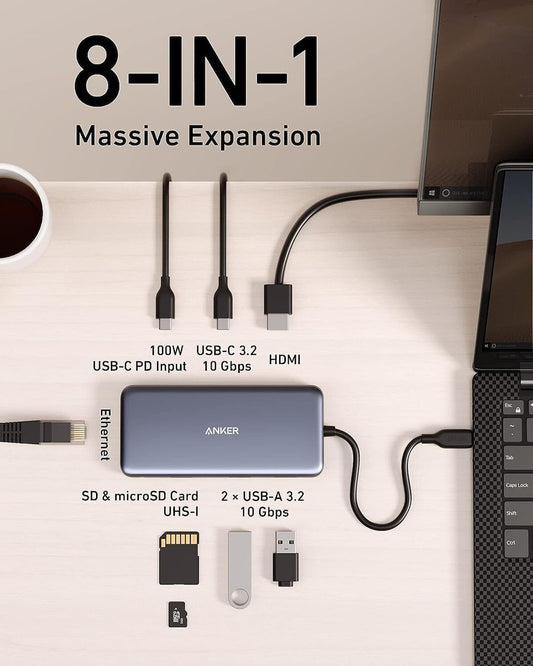 Anker 555 USB-C Hub, 2 x USB-A 3.2 - 2 x USB-C - 1 x HDMI - 1 x RJ45 - 1 x SD - 1 x microSD, Gray A83830A2