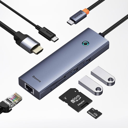 Hub USB-C Baseus UltraJoy, 2 x USB-A 3.0 - 1 x USB-C - 1 x HDMI - 1 x RJ45 - 1 x SD - 1 x microSD, Grå B00052805813-00