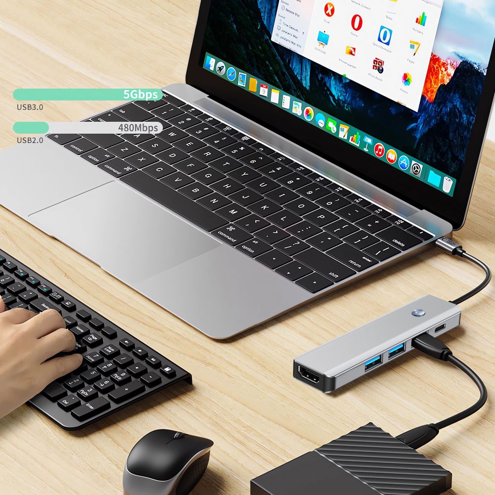 Hub USB-C Tech-Protect HB01, 1 x USB-A 3.0 - 2 x USB-A - 1 x USB-C - 1 x HDMI, Grå