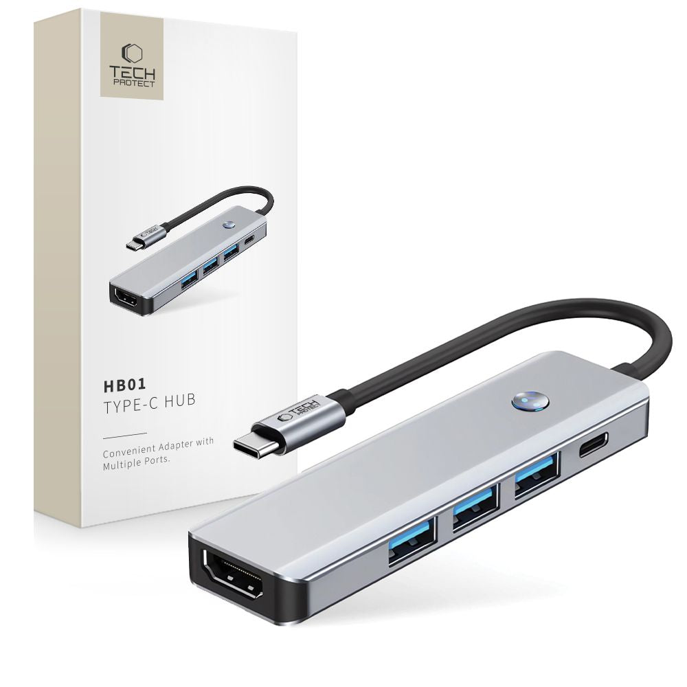 Hub USB-C Tech-Protect HB01, 1 x USB-A 3.0 - 2 x USB-A - 1 x USB-C - 1 x HDMI, Grå