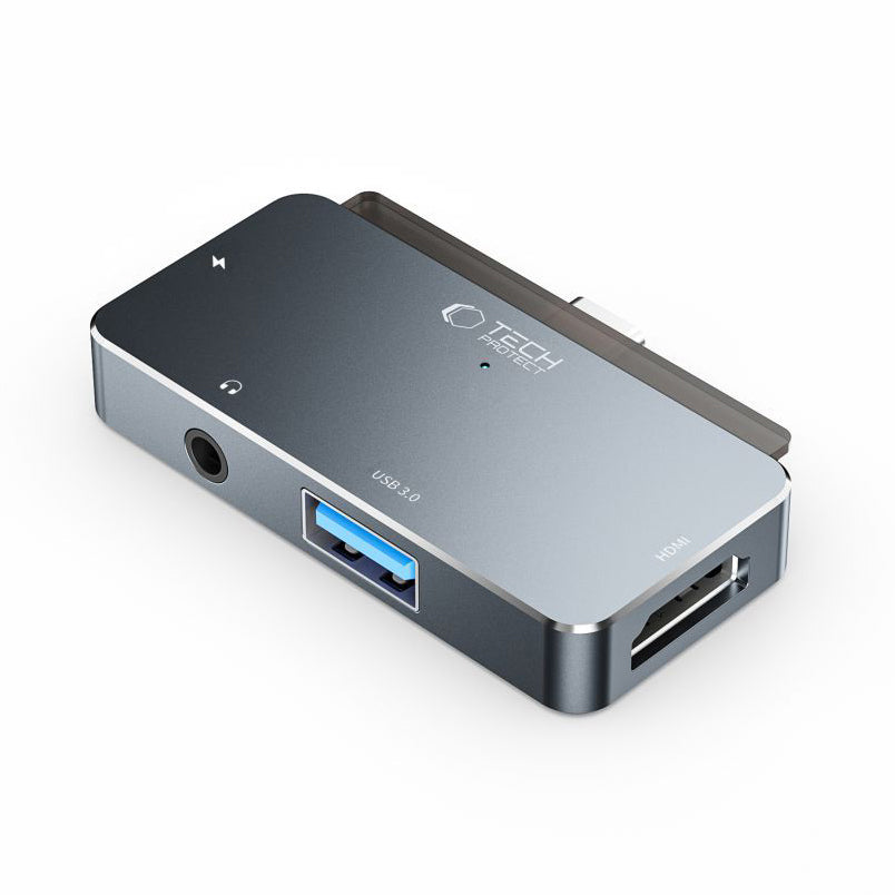 Hub USB-C Tech-Protect V6, 1 x USB-A - 1 x USB-C - 1 x HDMI - 1 x Jack 3.5mm, Grå