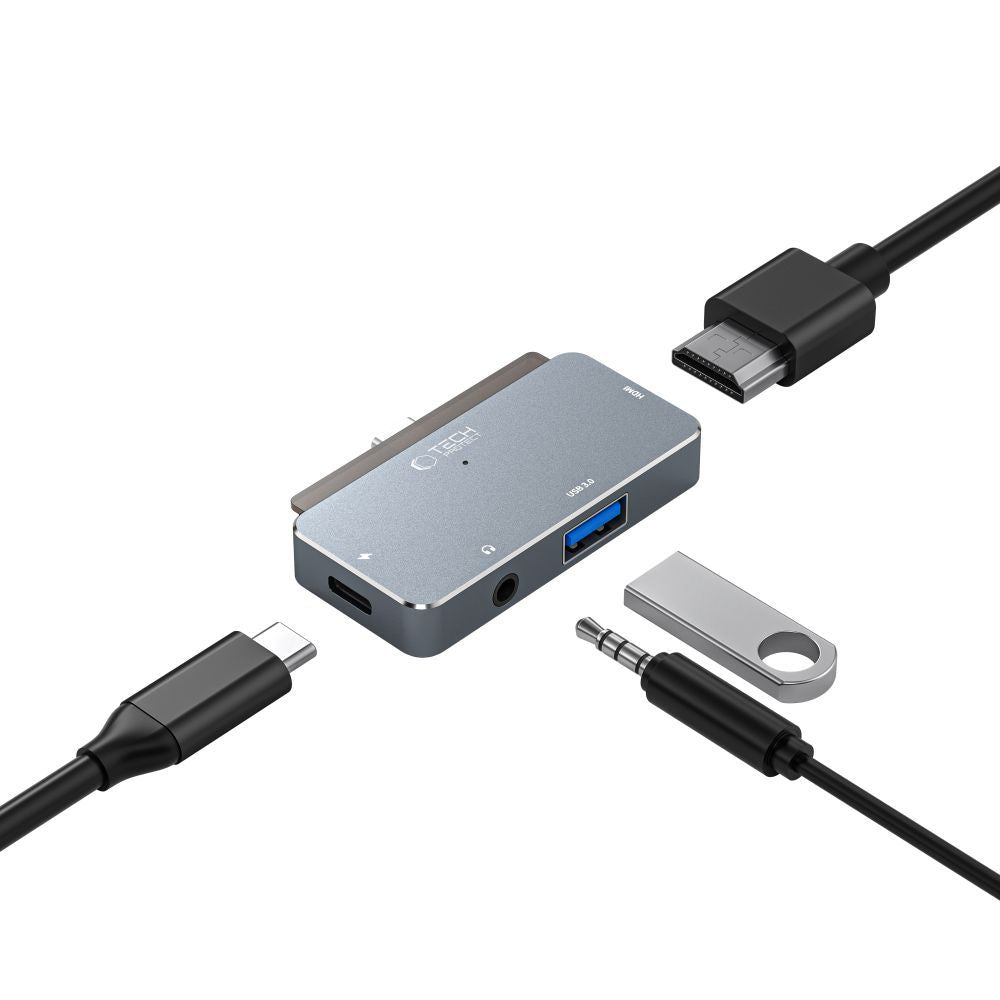 Hub USB-C Tech-Protect V6, 1 x USB-A - 1 x USB-C - 1 x HDMI - 1 x Jack 3.5mm, Grå