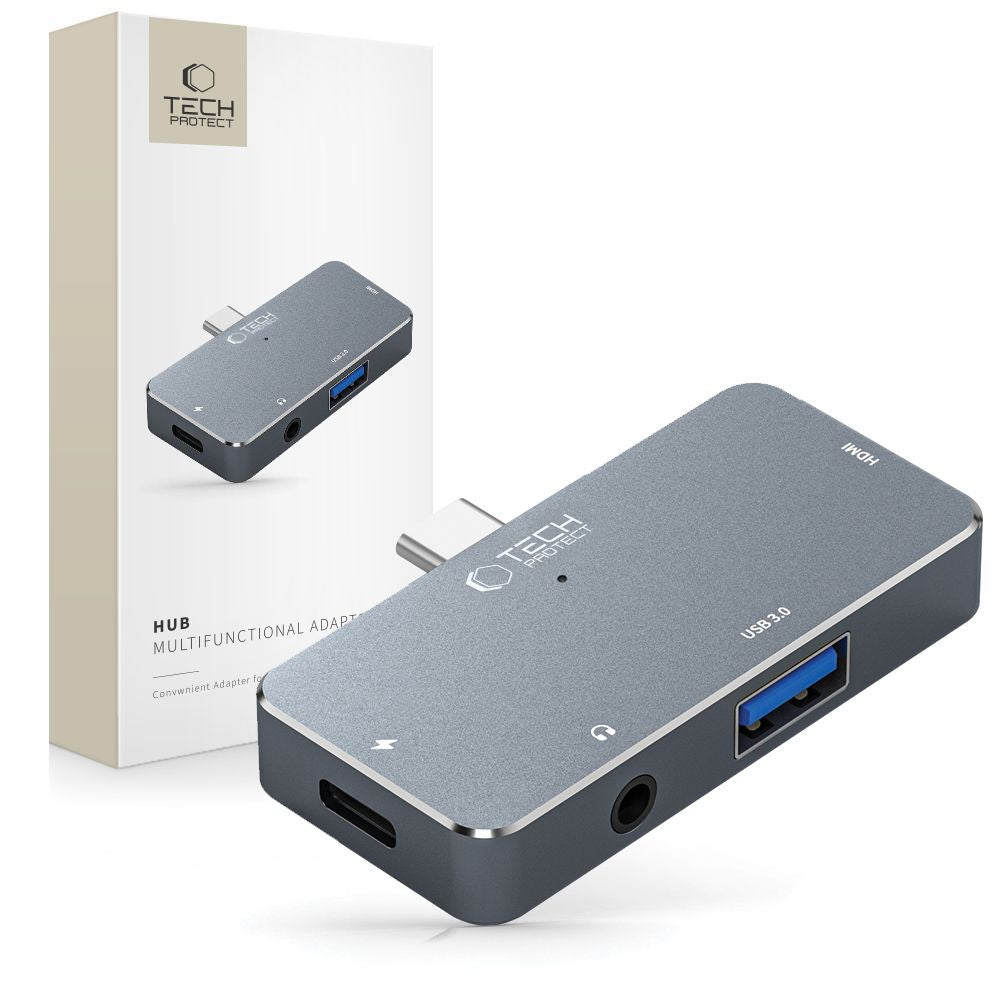 Hub USB-C Tech-Protect V6, 1 x USB-A - 1 x USB-C - 1 x HDMI - 1 x Jack 3.5mm, Grå