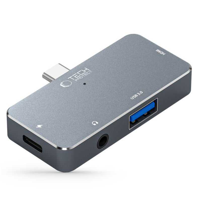 Hub USB-C Tech-Protect V6, 1 x USB-A - 1 x USB-C - 1 x HDMI - 1 x Jack 3.5mm, Grå