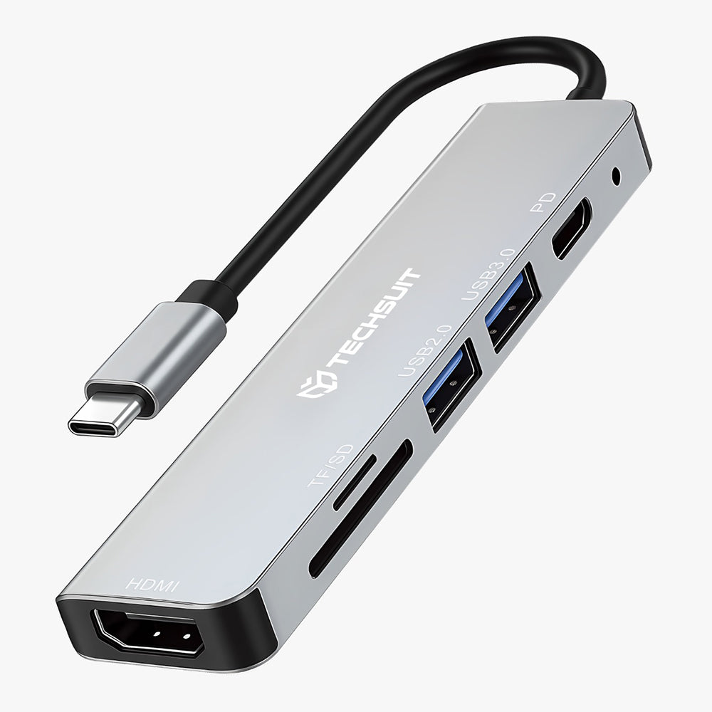 USB-C-hubb Techsuit H5 TurboChargeX, 6in1, Grå