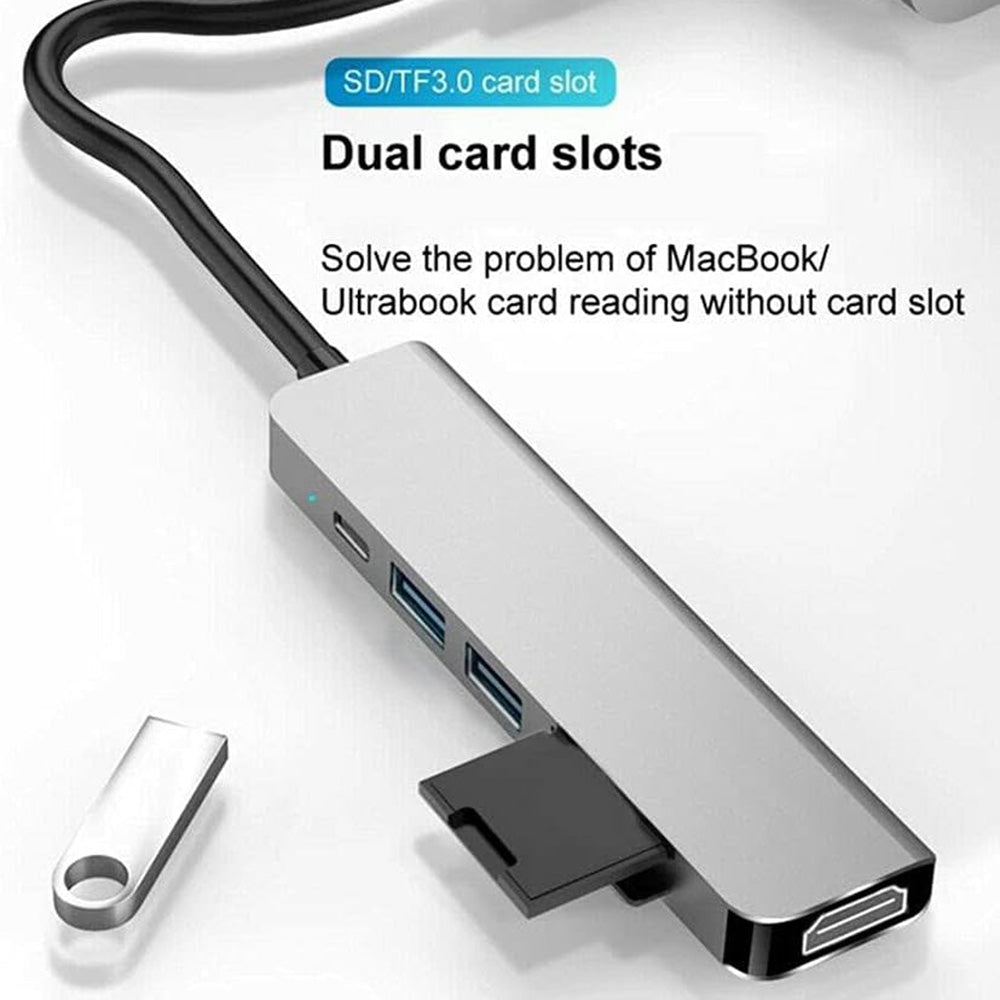 USB-C-hubb Techsuit H5 TurboChargeX, 6in1, Grå
