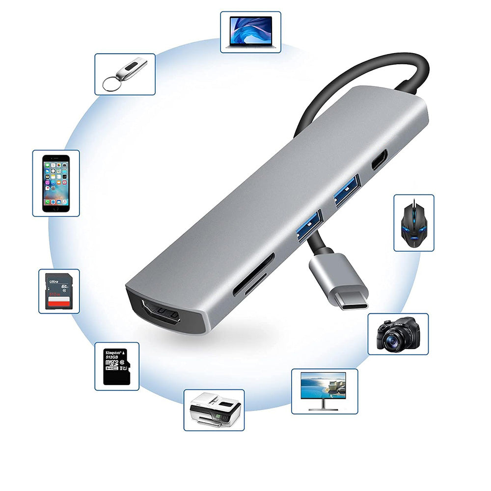 USB-C-hubb Techsuit H5 TurboChargeX, 6in1, Grå
