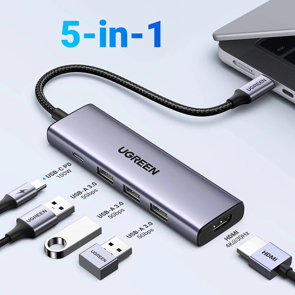 Hub USB-C UGREEN CM511 (15596), 3 x USB-A 3.0 - 1 x USB-C - 1 x HDMI, Grå