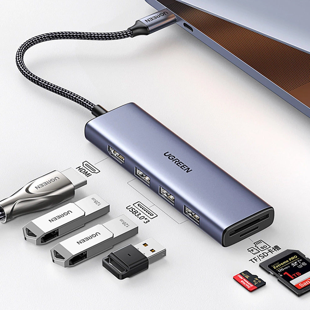 Hub USB-C UGREEN CM511 (20956A), 3 x USB-A 3.0 - 1 x HDMI - 1 x SD - 1 x microSD, Grå