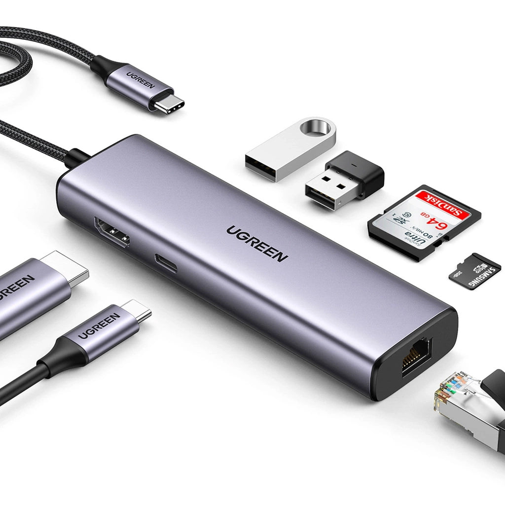 Hub USB-C UGREEN CM512 (90568), 2 x USB-A 3.0 - 1 x USB-C - 1 x HDMI - 1 x RJ45 - 1 x SD - 1 x microSD, Grå