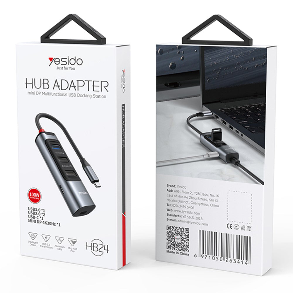 USB-C-hubb Yesido HB24, 5-i-1, Grå