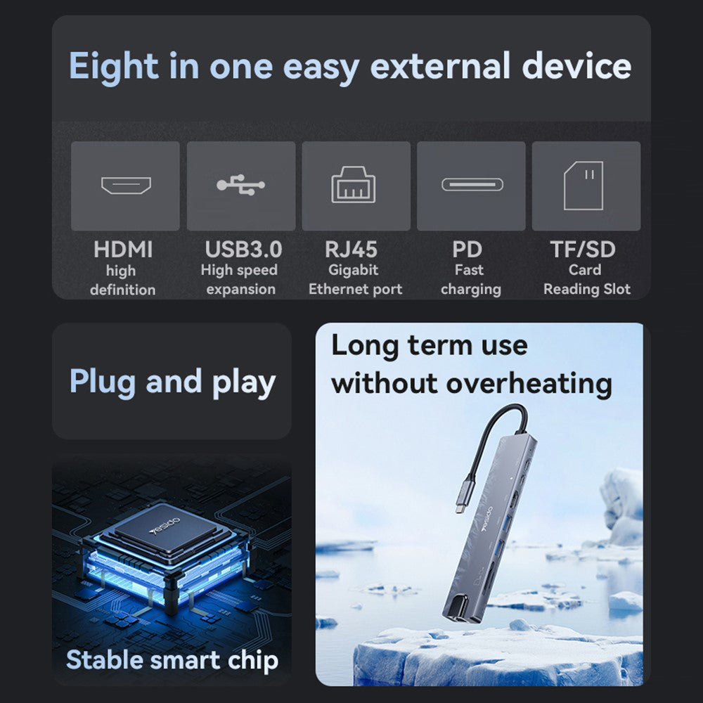 USB-C-hubb Yesido HB27, 8-i-1, Grå