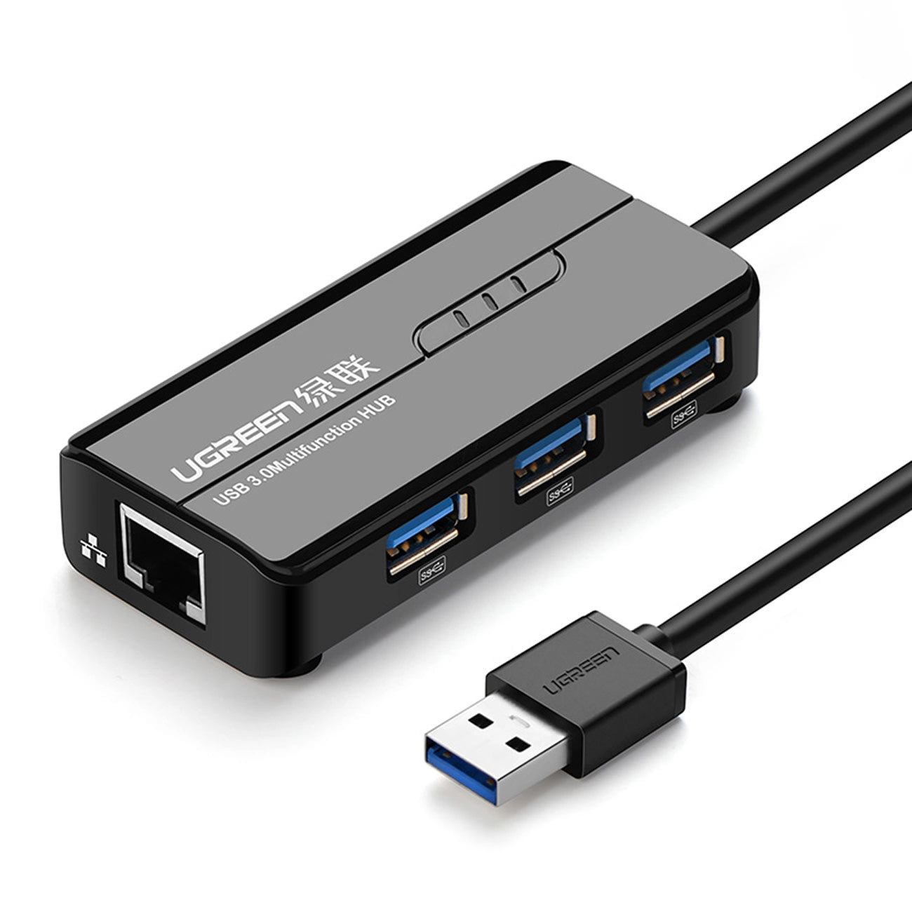 Hub USB UGREEN 20265, 3 x USB-A 3.0 - 1 x RJ45, Svart
