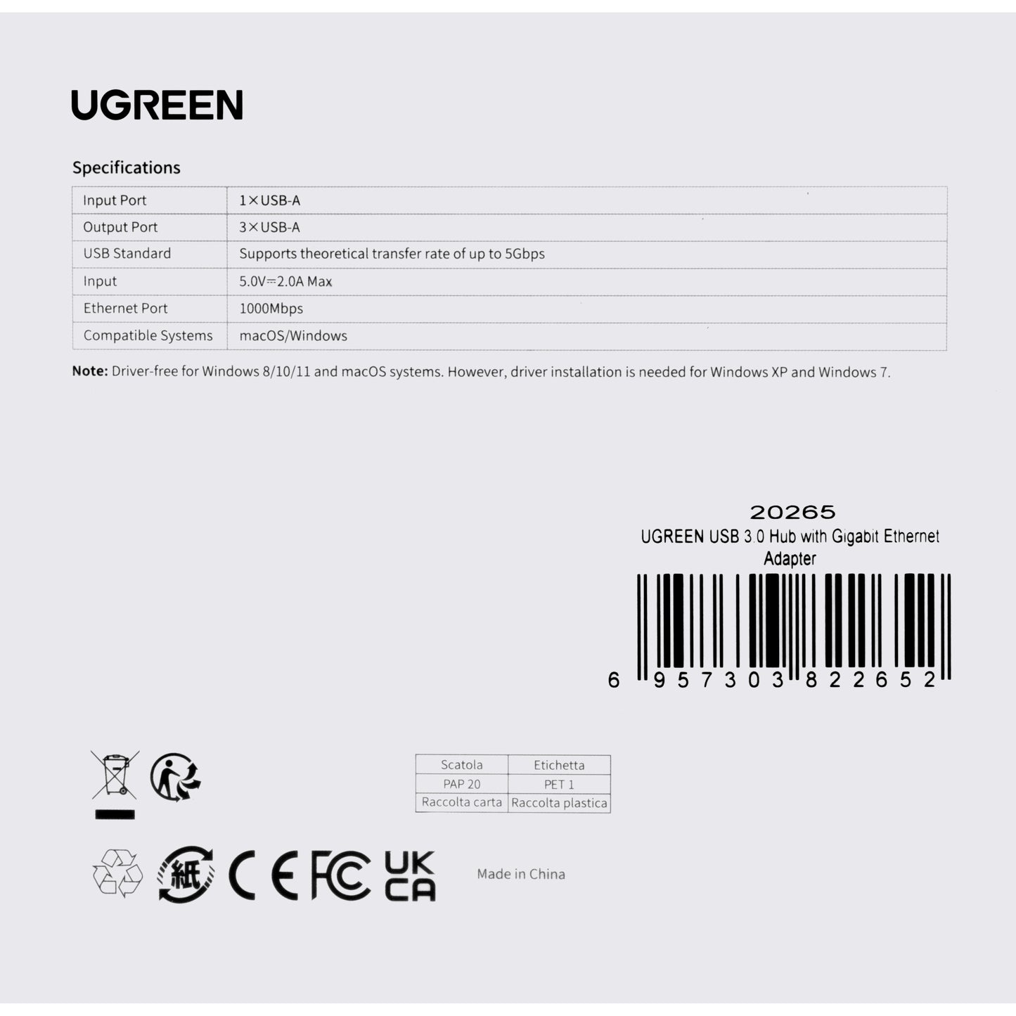 Hub USB UGREEN 20265, 3 x USB-A 3.0 - 1 x RJ45, Svart