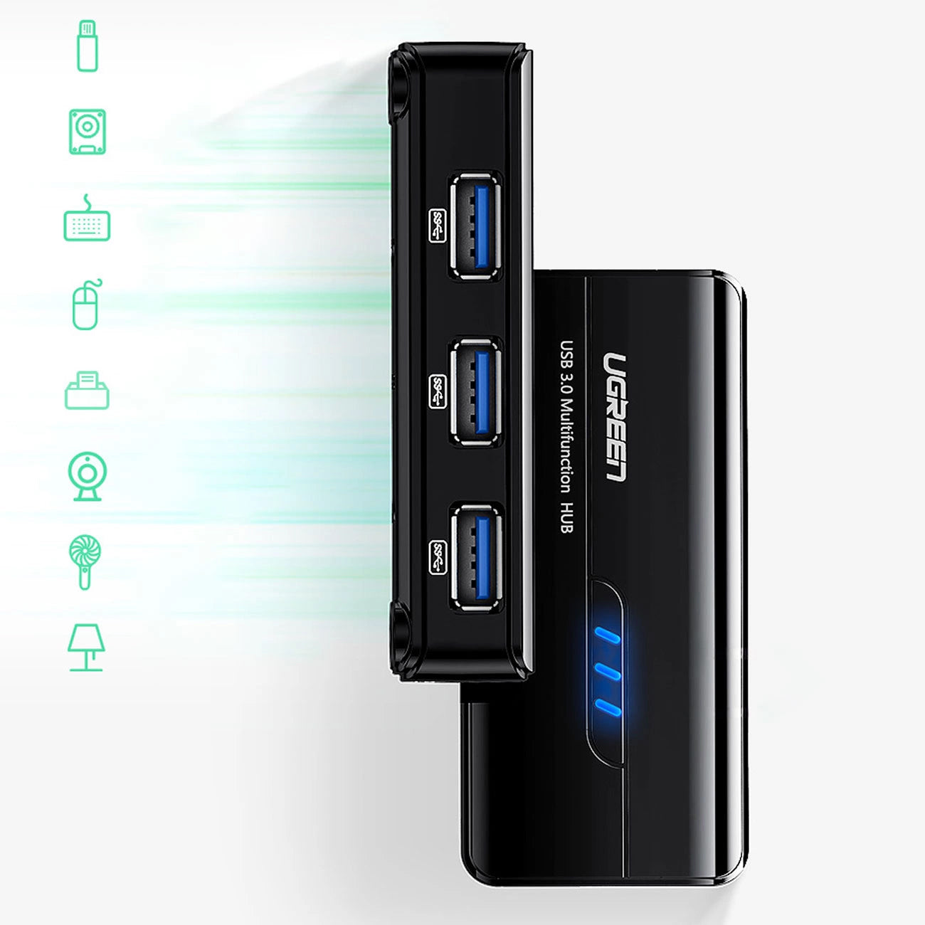 Hub USB UGREEN 20265, 3 x USB-A 3.0 - 1 x RJ45, Svart
