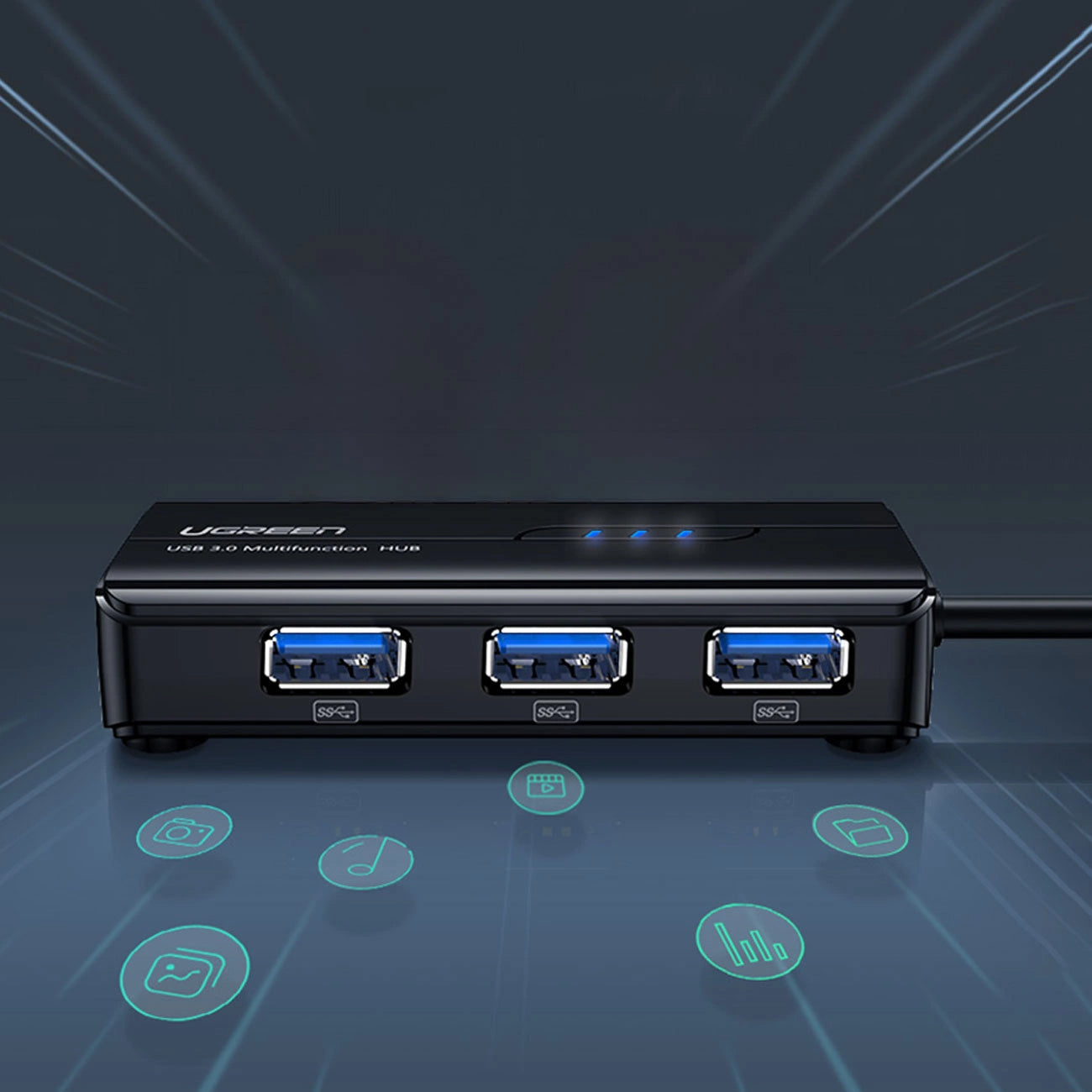 Hub USB UGREEN 20265, 3 x USB-A 3.0 - 1 x RJ45, Svart