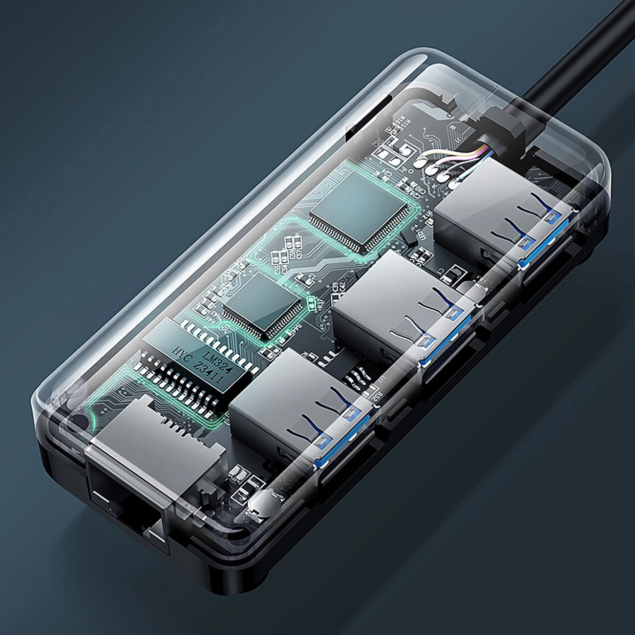 Hub USB UGREEN 20265, 3 x USB-A 3.0 - 1 x RJ45, Svart