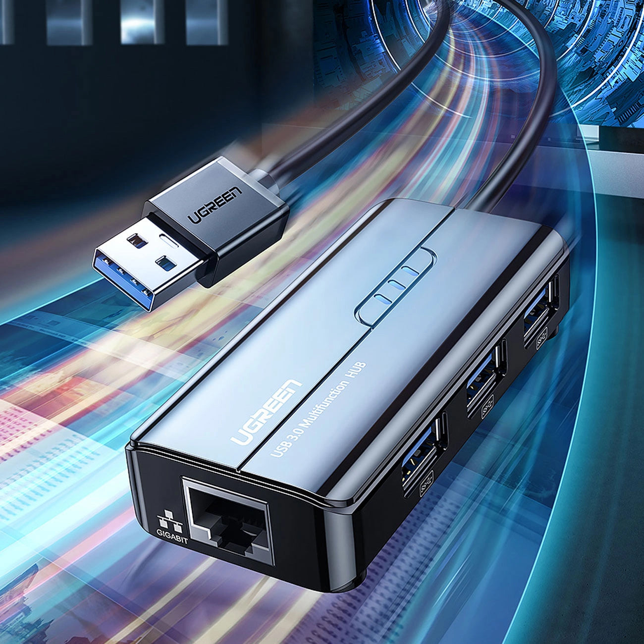 Hub USB UGREEN 20265, 3 x USB-A 3.0 - 1 x RJ45, Svart