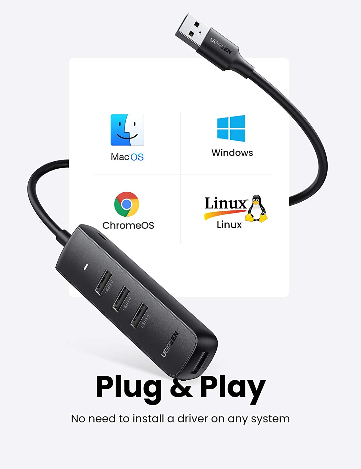USB-hub UGREEN CM416, 4 x USB-A 3.0, 1m, Svart