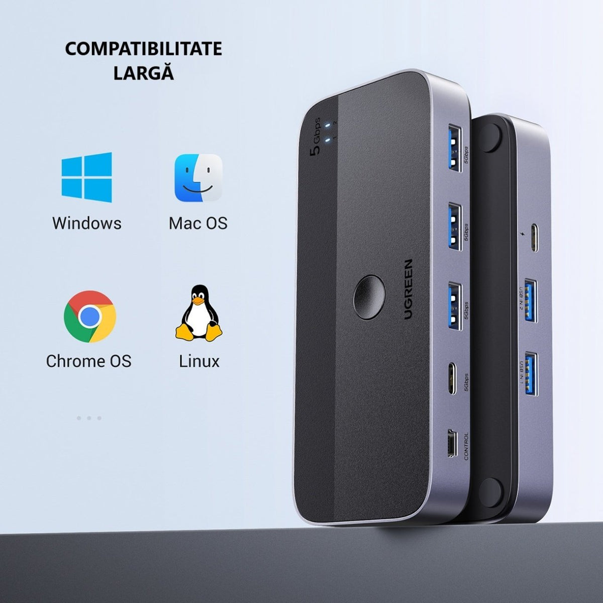 Switch USB UGREEN CM662, 3 x USB-A 3.0 - 1 x USB-C - 1 x miniUSB, Svart