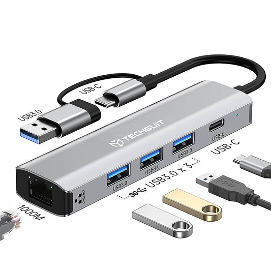 USB-hubb / USB-C Techsuit H3 BoostNetLink, 5-i-1, Grå