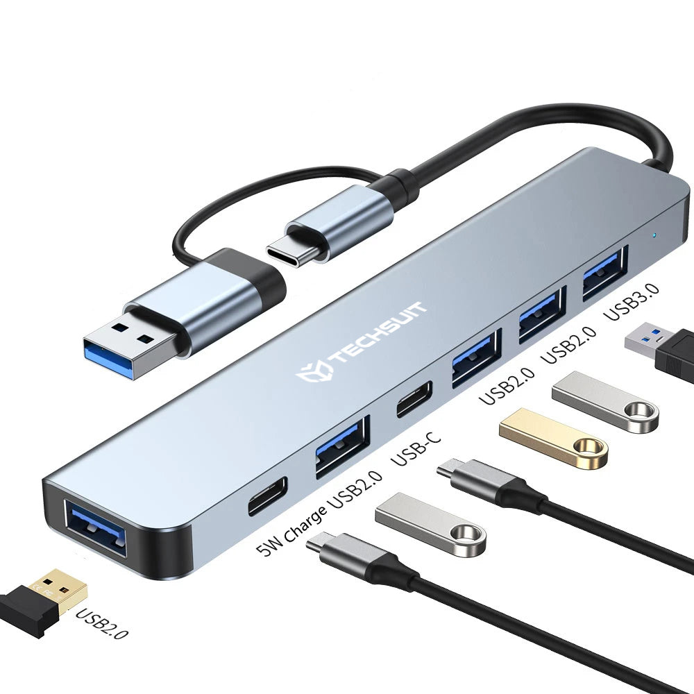 Hub USB / USB-C Techsuit H6 DataBridge, 7in1, Grå