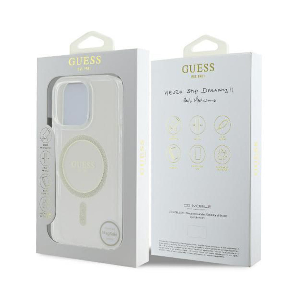MagSafe-fodral för Apple iPhone 16 Pro, Guess, IML Glitter Ring, Transparent GUHMP16LHFGERET