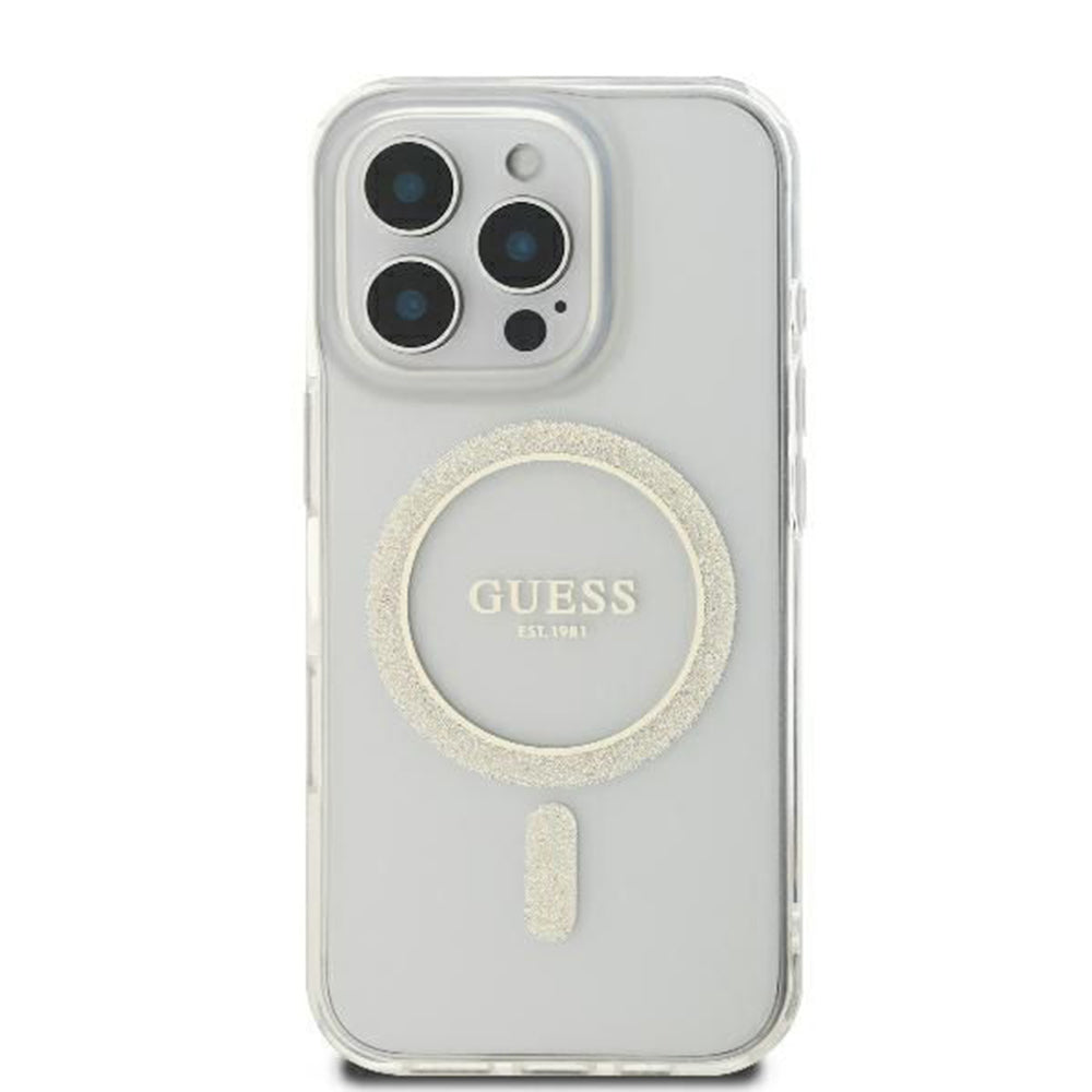 MagSafe-fodral för Apple iPhone 16 Pro, Guess, IML Glitter Ring, Transparent GUHMP16LHFGERET