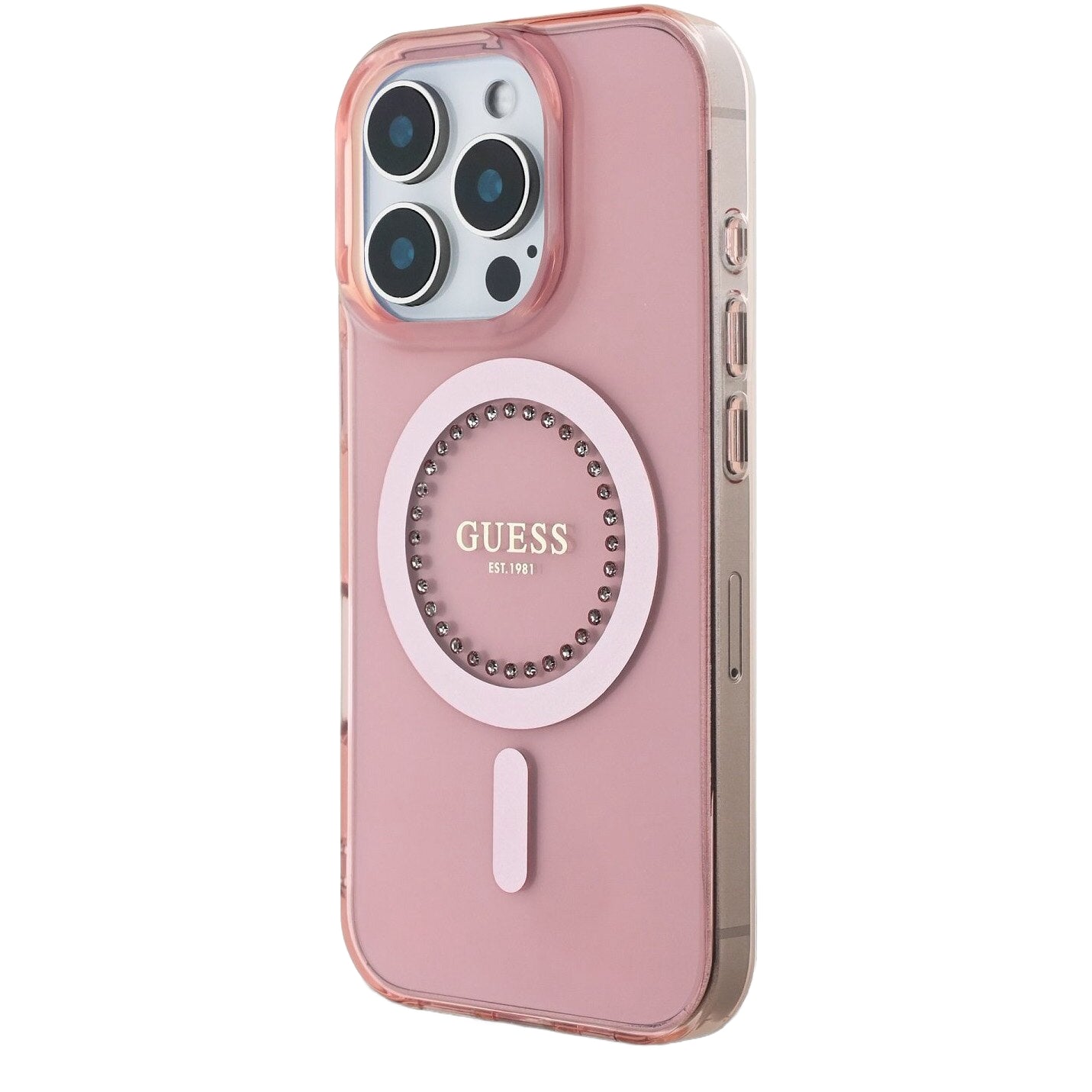 MagSafe-fodral för Apple iPhone 16 Pro Max, Guess, IML Rhinestones Ring, Rosa GUHMP16XPFTDTEP