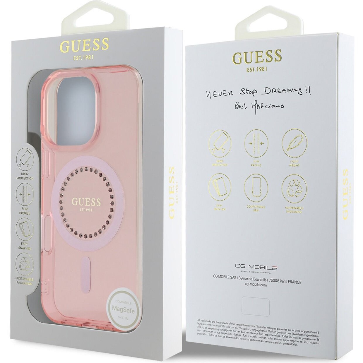 MagSafe-fodral för Apple iPhone 16 Pro Max, Guess, IML Rhinestones Ring, Rosa GUHMP16XPFTDTEP
