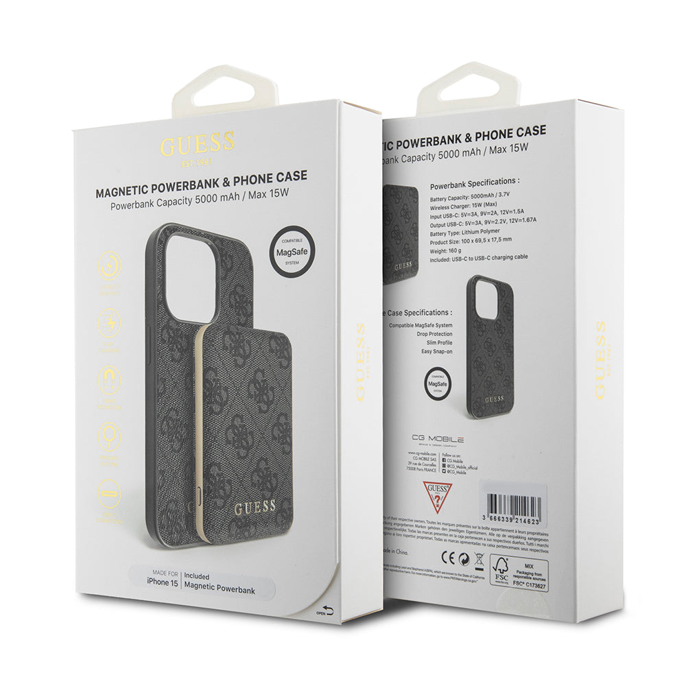 MagSafe Case for Apple iPhone 15, Guess, Powerbank 4G Metal Logo, Black