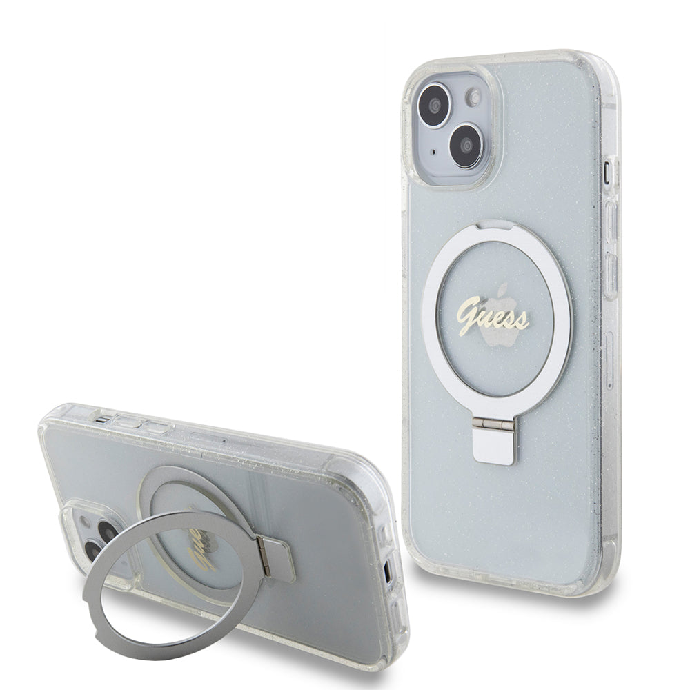 MagSafe-skal för Apple iPhone 15, Guess, Ring Stand Script Glitter, Transparent