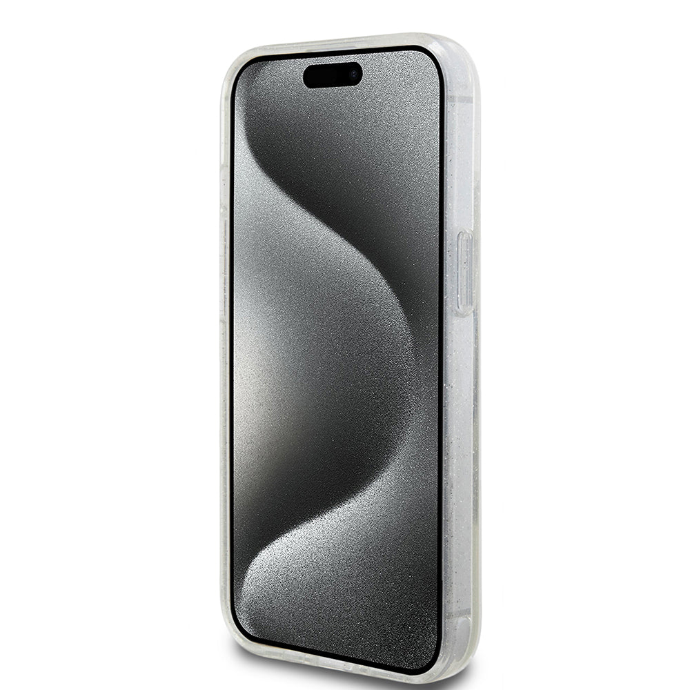 MagSafe-skal för Apple iPhone 15, Guess, Ring Stand Script Glitter, Transparent