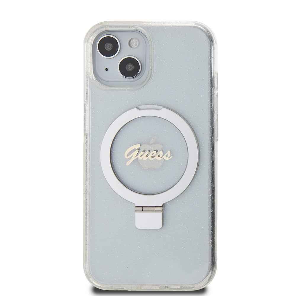 MagSafe-skal för Apple iPhone 15, Guess, Ring Stand Script Glitter, Transparent