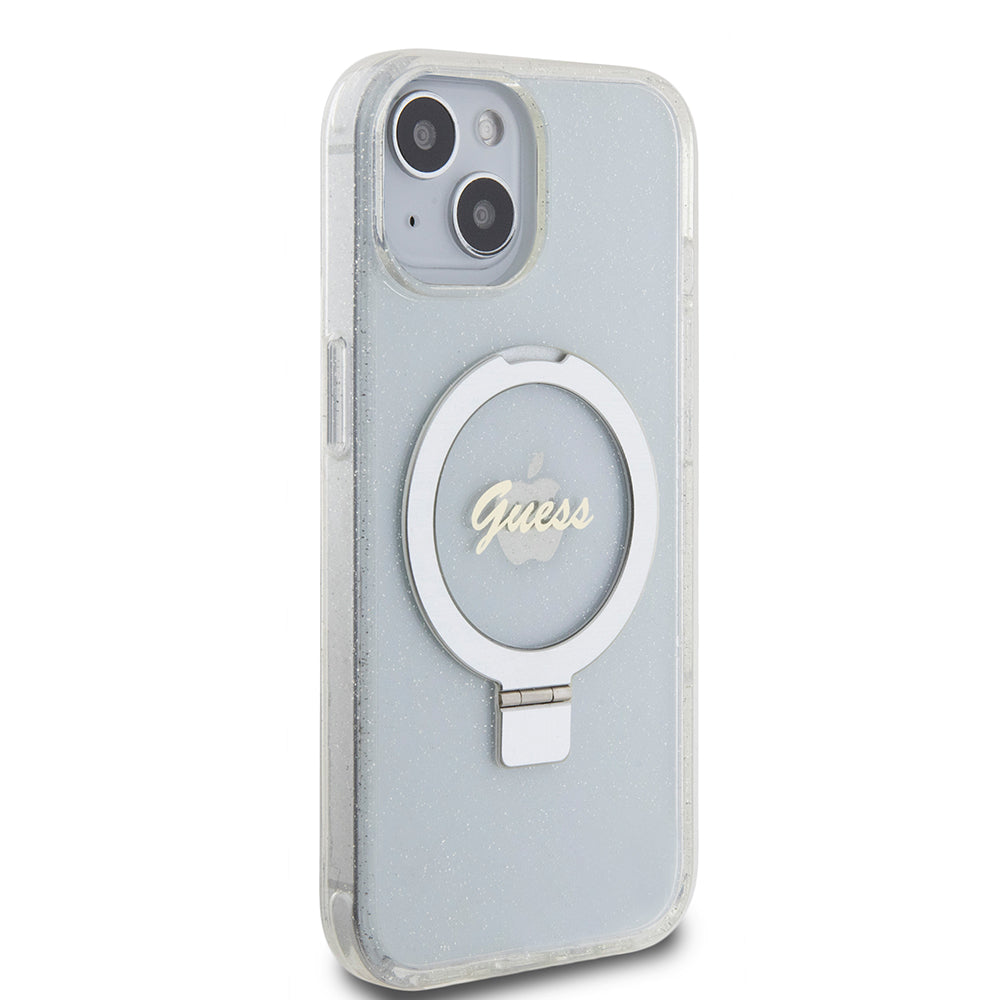 MagSafe-skal för Apple iPhone 15, Guess, Ring Stand Script Glitter, Transparent