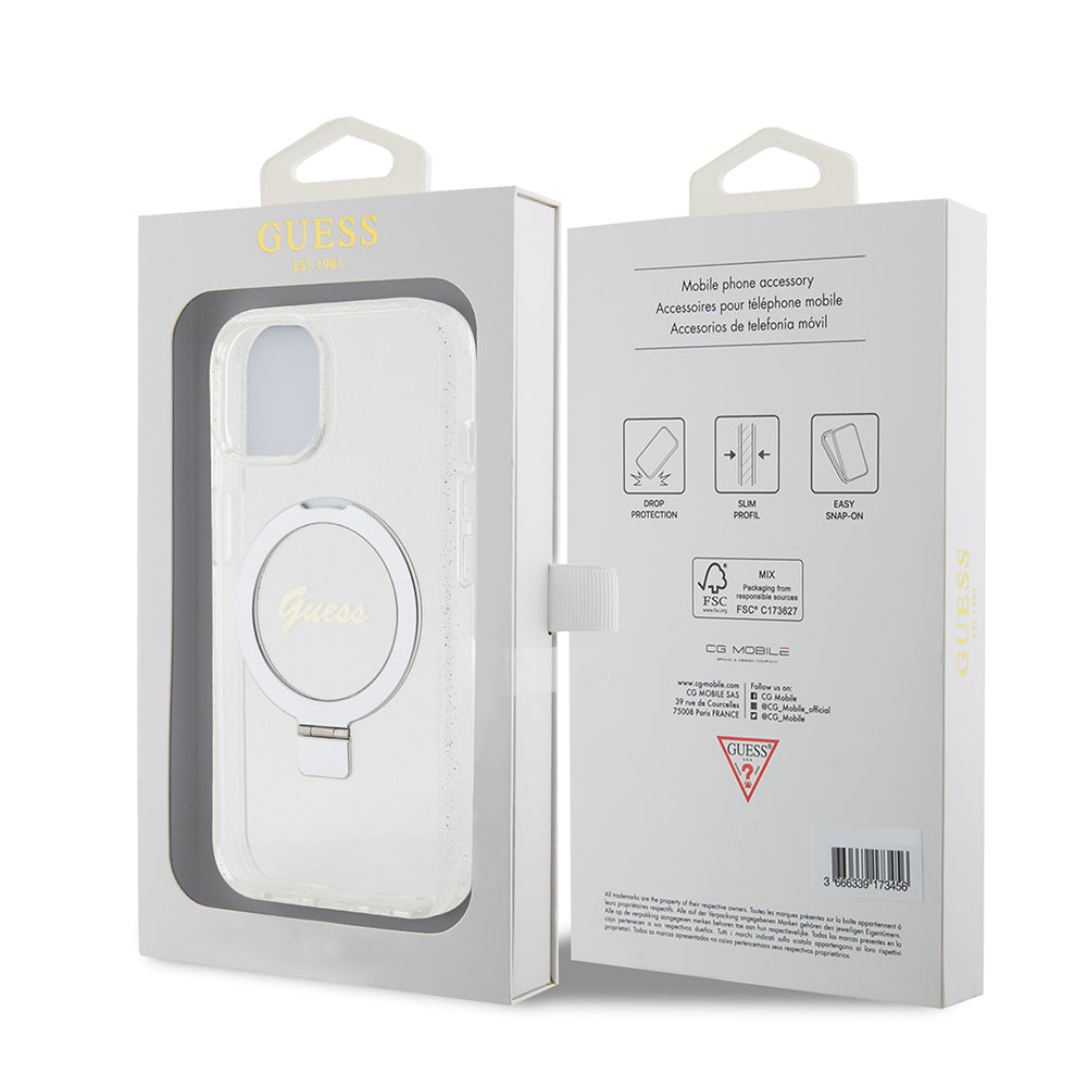 MagSafe-skal för Apple iPhone 15, Guess, Ring Stand Script Glitter, Transparent