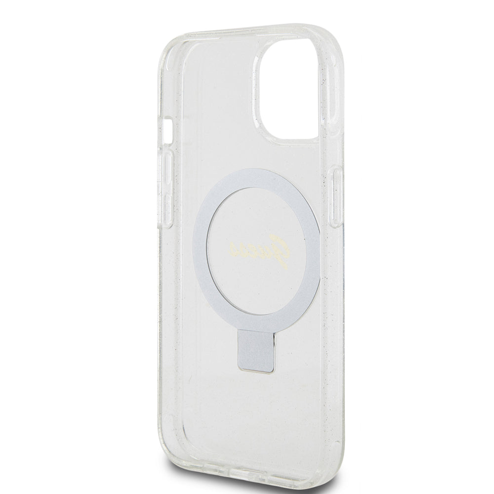 MagSafe-skal för Apple iPhone 15, Guess, Ring Stand Script Glitter, Transparent