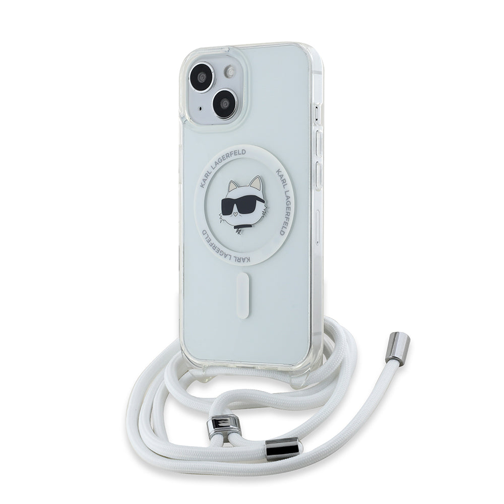 MagSafe-skal för Apple iPhone 15, Karl Lagerfeld, IML Crossbody Choupette's Head with Strap, Transparent