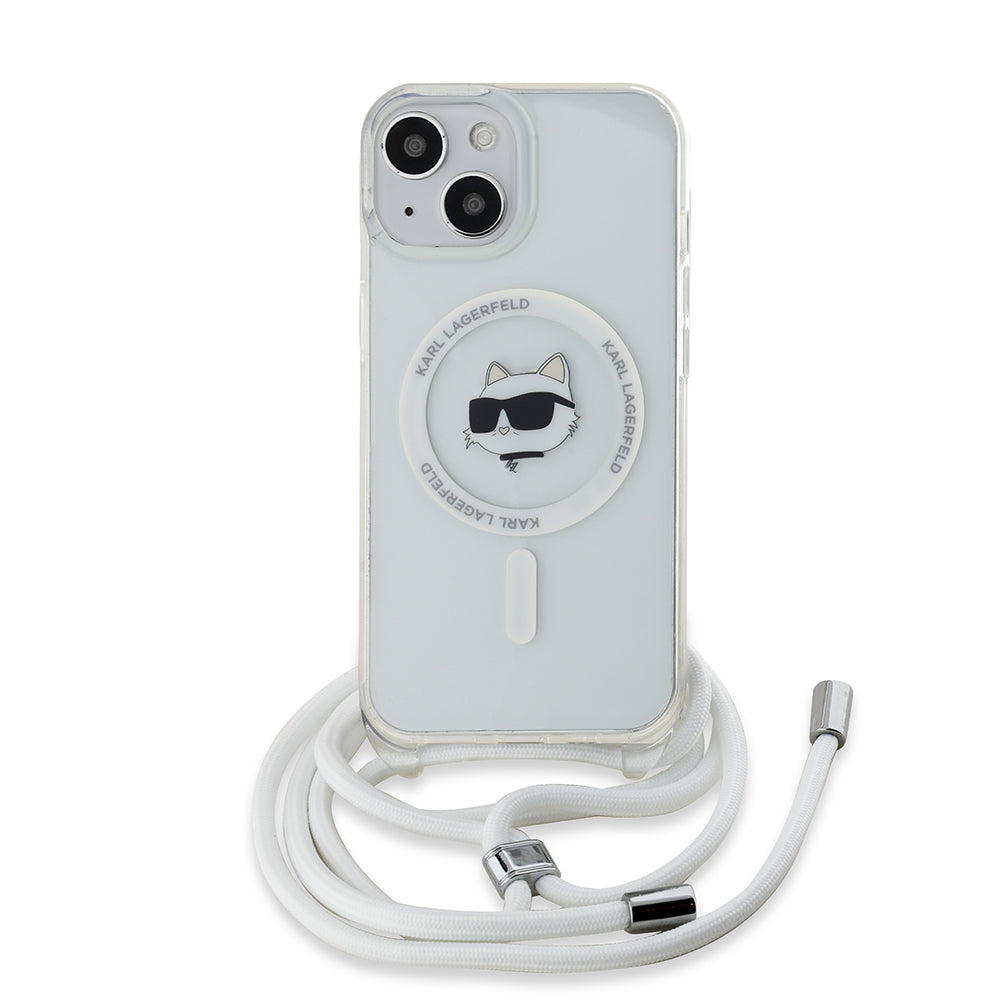 MagSafe-skal för Apple iPhone 15, Karl Lagerfeld, IML Crossbody Choupette's Head with Strap, Transparent
