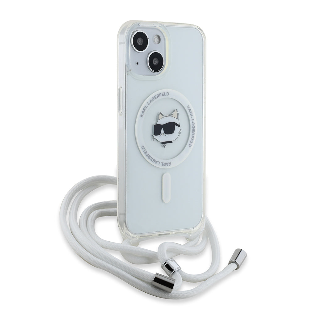 MagSafe-skal för Apple iPhone 15, Karl Lagerfeld, IML Crossbody Choupette's Head with Strap, Transparent