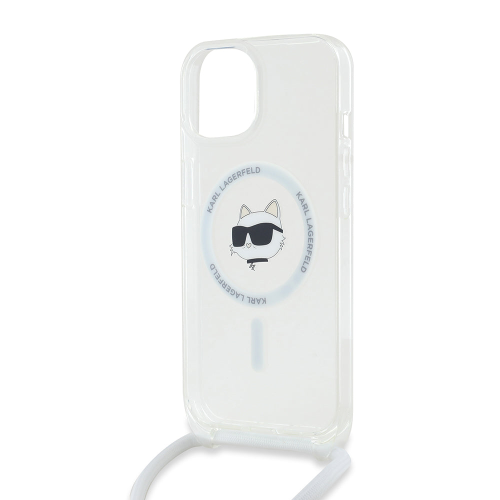 MagSafe-skal för Apple iPhone 15, Karl Lagerfeld, IML Crossbody Choupette's Head with Strap, Transparent